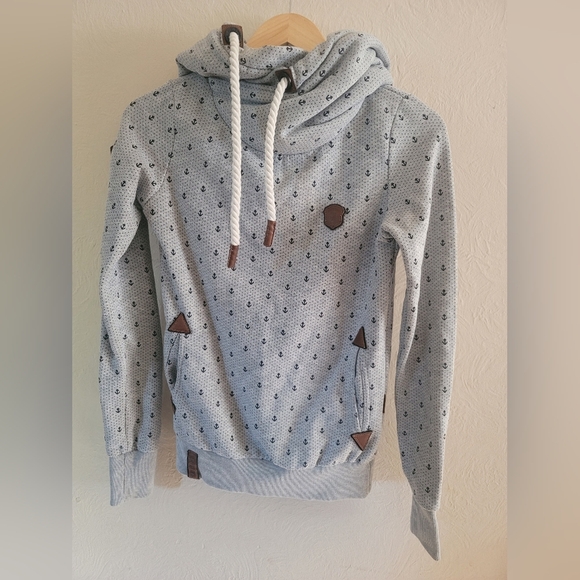 Naketano Grey Anchor and Navy Micro Dots Hoodie with Rope Cord, Size‎ Small - Picture 1 of 11
